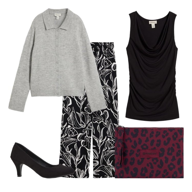 Outfit donna - Eleganza semplice. Stile Minimal per Tutti i giorni. Abbinamento con décolleté, cardigans, top, pantaloni, clutch.