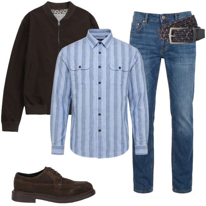 Outfit uomo - Cambio stagione. Stile Casual per Ufficio. Abbinamento con jeans, camicie, cinture, bomber, scarpe stringate.