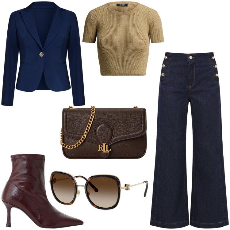 Outfit donna - Giornata in denim. Stile Casual chic per Serata fuori. Abbinamento con stivaletti, blazer, jeans, t-shirt, occhiali da sole, borse a tracolla.
