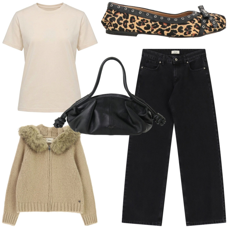Outfit donna - Smart casual outfit. Stile Casual chic per Tutti i giorni. Abbinamento con ballerine, t-shirt, borse a mano, jeans, cardigans.
