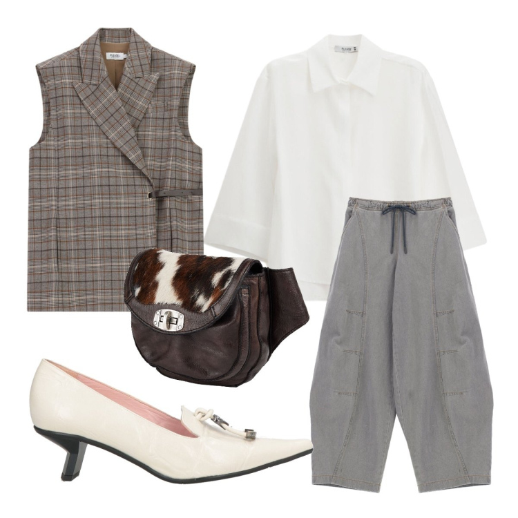 Outfit donna - Back to Office. Stile Preppy per Ufficio. Abbinamento con marsupi, décolleté, gilet, camicie, pantaloni.