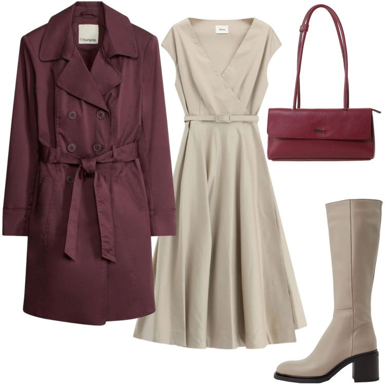 Outfit donna - Total look #2474365. Stile Chic per Tutti i giorni. Abbinamento con stivali, trench, borse a spalla, vestiti midi/longuette.
