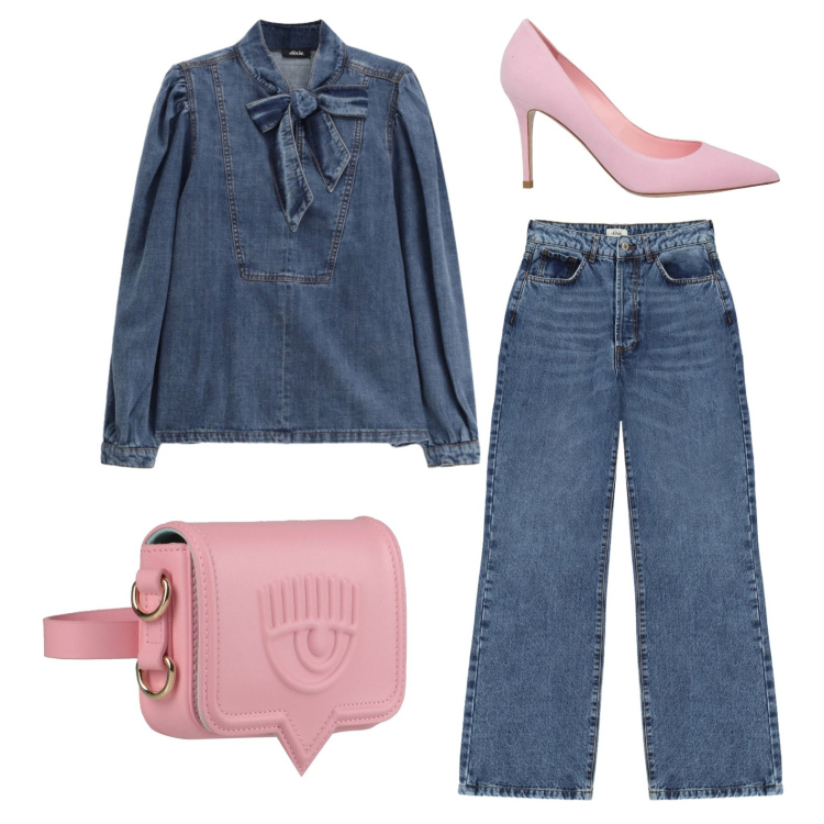 Outfit donna - Total denim. Stile Trendy per Tutti i giorni. Abbinamento con marsupi, décolleté, camicie, jeans.
