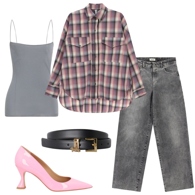 Outfit donna - La camicia sportiva con i tacchi. Stile Casual chic per Ufficio. Abbinamento con décolleté, top, cinture, camicie, jeans.