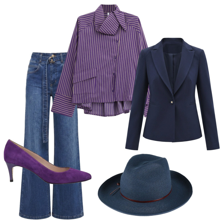 Outfit donna - Glamour con il cappello. Stile Glamour per Tutti i giorni. Abbinamento con cappelli, décolleté, camicie, jeans, blazer.