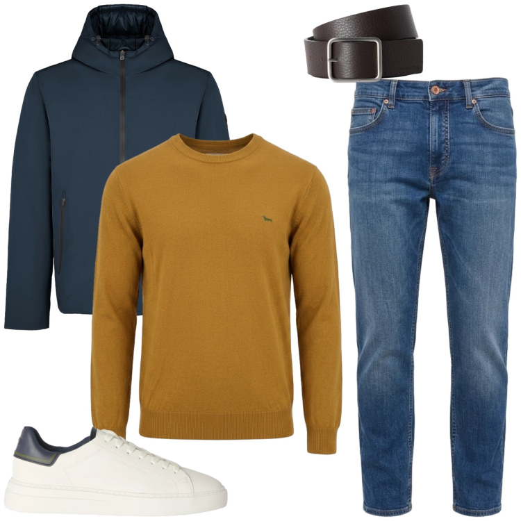 Outfit uomo - Total look #2474387. Stile Casual per Ufficio. Abbinamento con sneakers, jeans, cinture, maglieria, parka.