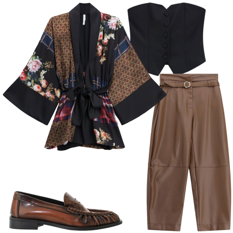 Outfit donna - We are back. Stile Casual chic per Serata fuori. Abbinamento con kimono, pantaloni, mocassini, top.