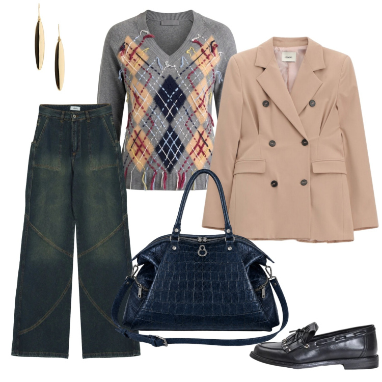 Outfit donna - Total look #2474395. Stile Casual chic per Ufficio. Abbinamento con maglieria, blazer, jeans, mocassini, shopping bag, orecchini.