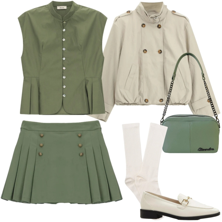 Outfit donna - Il trench cropp. Stile Trendy per Tutti i giorni. Abbinamento con mocassini, camicie a manica corta, calzini, minigonne, bomber, borse a tracolla.