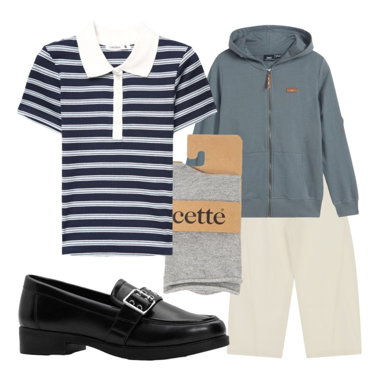 Outfit donna - Polo crop a righe. Stile Sporty chic per Scuola/Università. Abbinamento con mocassini, felpe con cappuccio, polo, jeans, calzini.