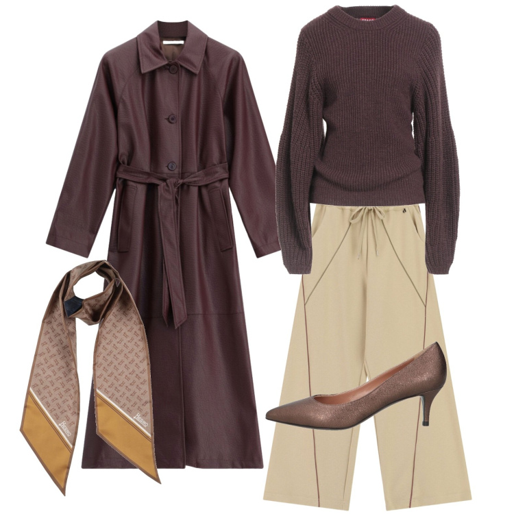 Outfit donna - Il trench lungo in pelle. Stile Glamour per Serata fuori. Abbinamento con sciarpe, pullovers, décolleté, cappotti, pantaloni a palazzo.
