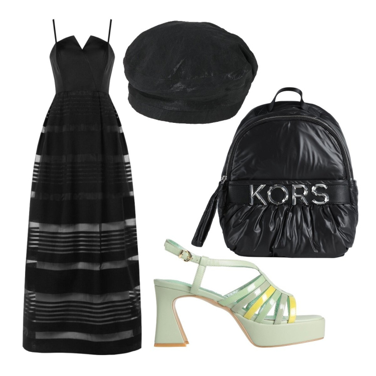 Outfit donna - Cerimonia glamour. Stile Glamour per Cerimonia. Abbinamento con zaini, cappelli e berretti, sandali in pelle, vestiti lunghi.