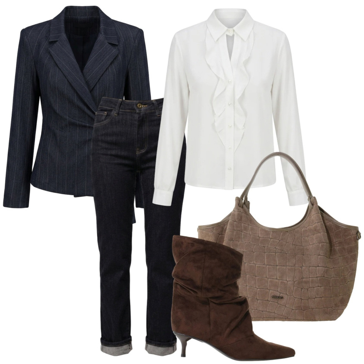 Outfit donna - Un jeans autunnale. Stile Casual chic per Tutti i giorni. Abbinamento con stivali, borse a spalla, camicie, jeans dritti, blazer.