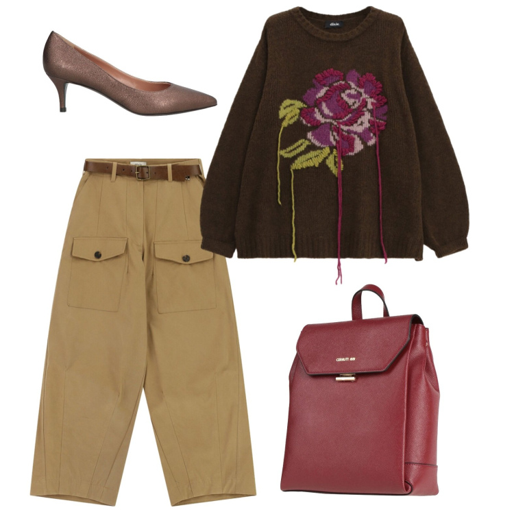 Outfit donna - Casual friday. Stile Casual chic per Ufficio. Abbinamento con zaini, décolleté, maglieria, pantaloni a palazzo.