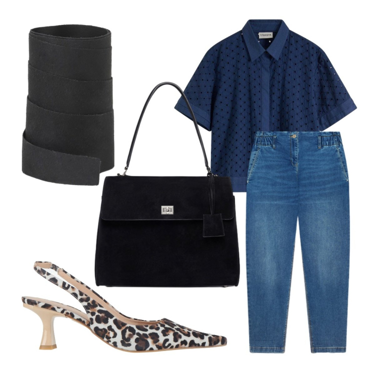 Outfit donna - Incontro speciale. Stile Trendy per Tutti i giorni. Abbinamento con décolleté, camicie a manica corta, cinture, jeans, borse a mano.