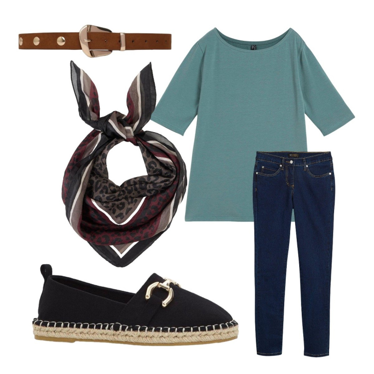 Outfit donna - Fine estate. Stile Basic per Ufficio. Abbinamento con maglieria, jeans slim fit, espadrillas, foulard, cinture.