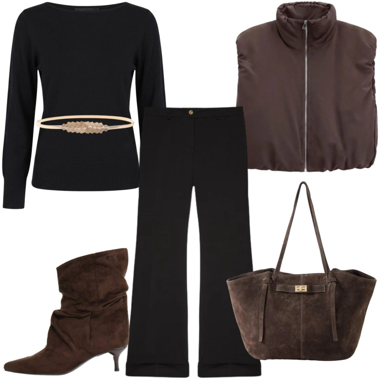 Outfit donna - Total look #2474417. Stile Casual per Scuola/Università. Abbinamento con shopping bag, stivali, piumini, cinture, maglieria, pantaloni.