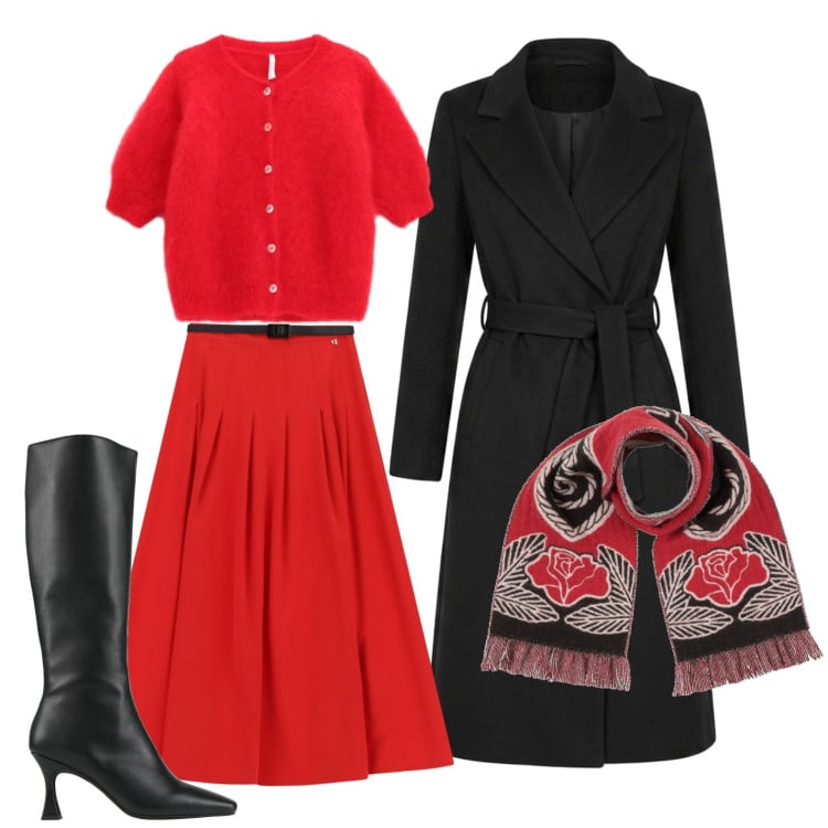 Outfit donna - Il rosso e il nero. Stile Chic per Serata fuori. Abbinamento con sciarpe, stivali, cardigans, gonne lunghe, cappotti.