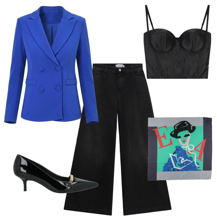 Outfit donna - Il blazer bluette. Stile Chic per Serata fuori. Abbinamento con décolleté, sciarpe, top, jeans, blazer.