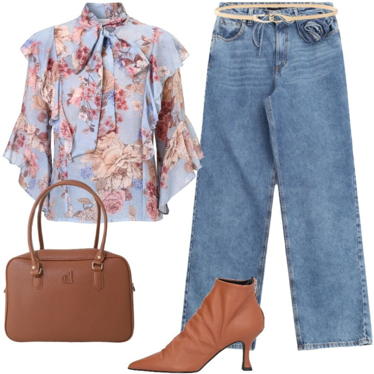Outfit donna - Blusa + jeans. Stile Casual chic per Tutti i giorni. Abbinamento con stivaletti, borse a mano, jeans, cinture, bluse.