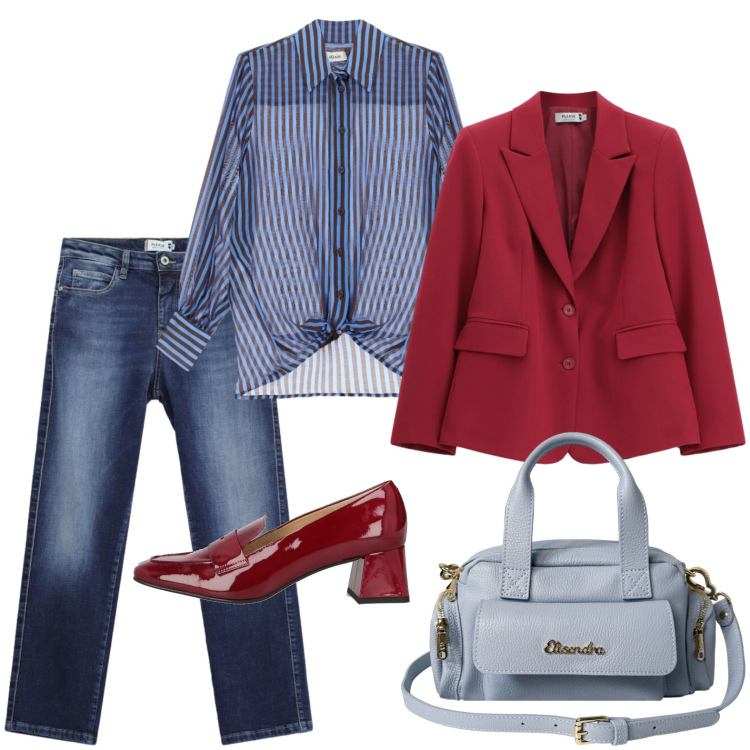 Outfit donna - Il mio venerdì al lavoro. Stile Trendy per Ufficio. Abbinamento con mocassini, jeans dritti, blazer, camicie, borse a mano.
