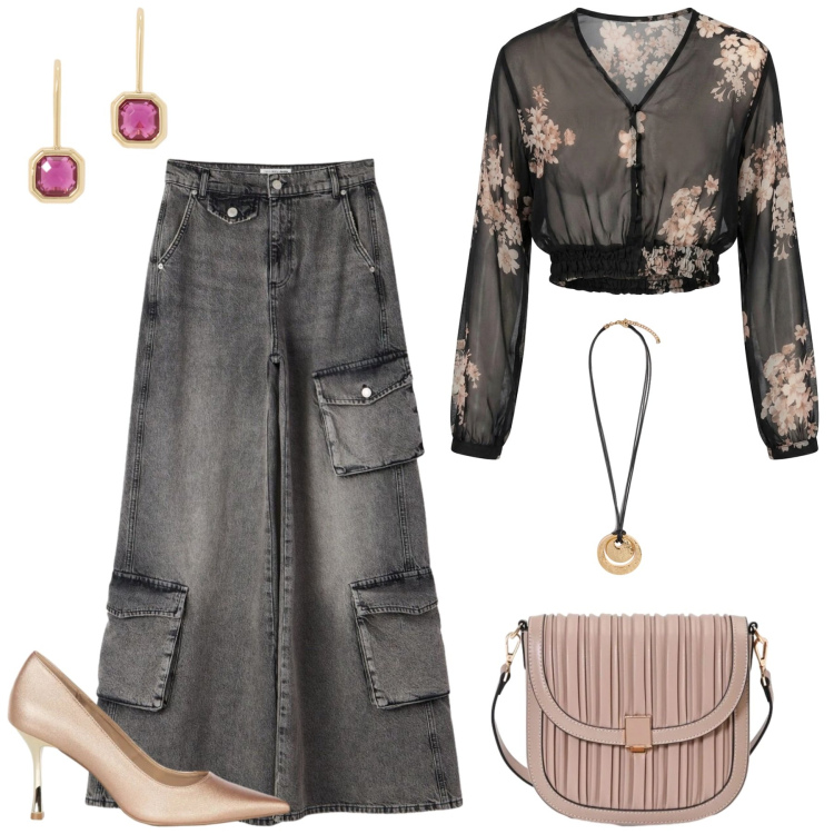 Outfit donna - Total look #2474429. Stile Casual chic per Serata fuori. Abbinamento con ciondoli, orecchini, borse a tracolla, décolleté, top, jeans.