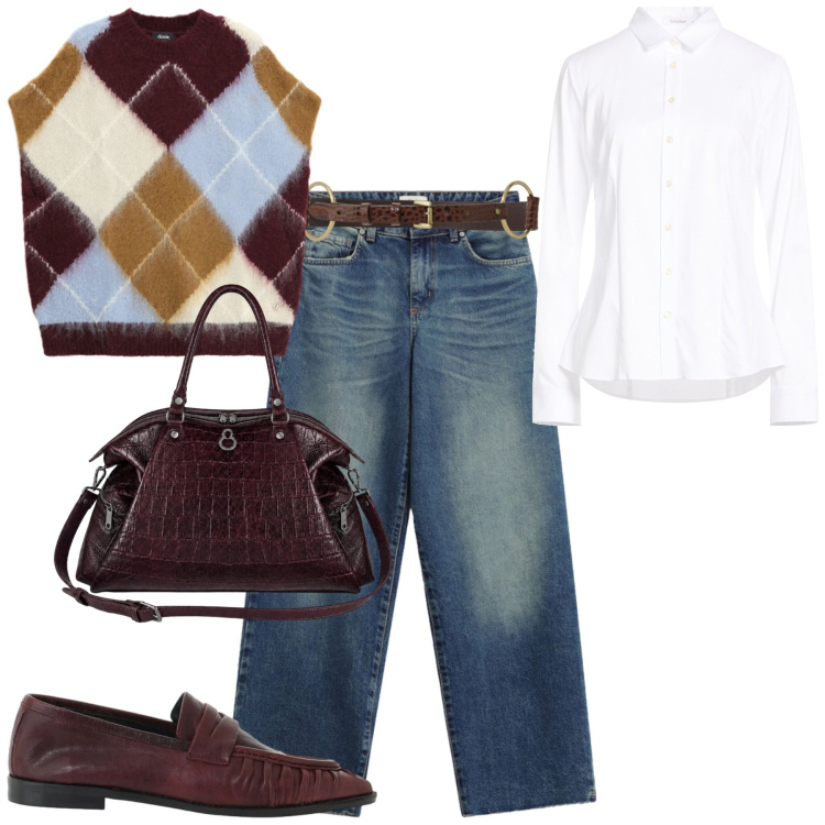 Outfit donna - Settembre. Stile Casual chic per Tutti i giorni. Abbinamento con camicie, jeans, mocassini, cinture, maglieria, shopping bag.