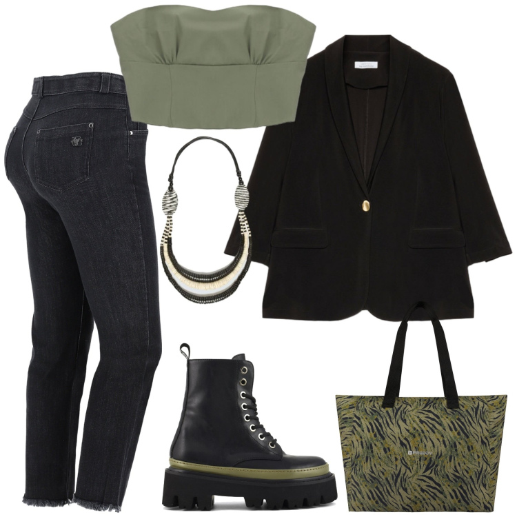 Outfit donna - Denim nero e.... Stile Trendy per Scuola/Università. Abbinamento con top, jeans, shopping bag, collane, blazer, anfibi.