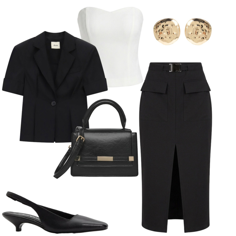 Outfit donna - Transito season. Stile Urban per Tutti i giorni. Abbinamento con décolleté, gonne longuette, borse a tracolla, orecchini, blazer, top.