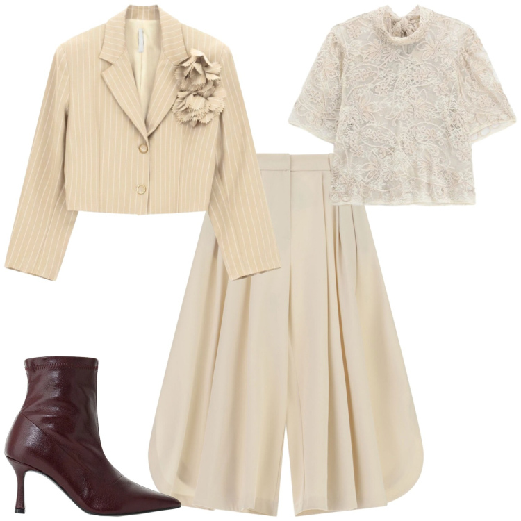 Outfit donna - Chic serata evento. Stile Chic per Serata fuori. Abbinamento con pantaloni culotte, blazer, top, stivaletti.