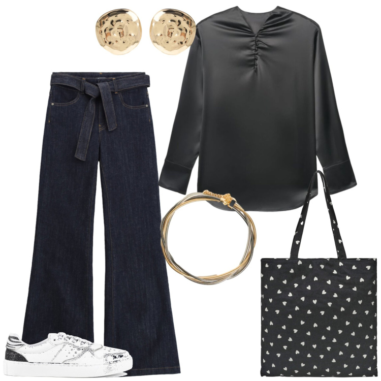 Outfit donna - Jeans nero protagonista. Stile Minimal per Tutti i giorni. Abbinamento con bluse, borse tote, jeans a zampa, orecchini, collane, sneakers.