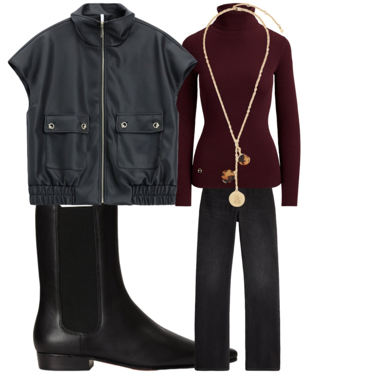 Outfit donna - Ritorno in aula. Stile Urban per Scuola/Università. Abbinamento con blazer, pullovers, collane, stivaletti chelsea, jeans dritti.
