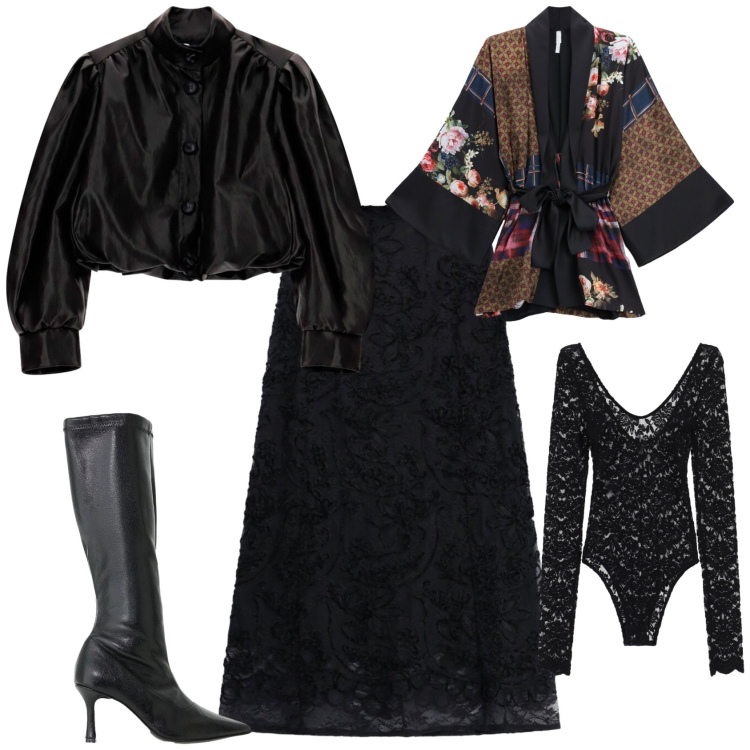 Outfit donna - Romantica serata evento speciale. Stile Romantica per Serata fuori. Abbinamento con kimono, stivali, gonne longuette, giacche, body.