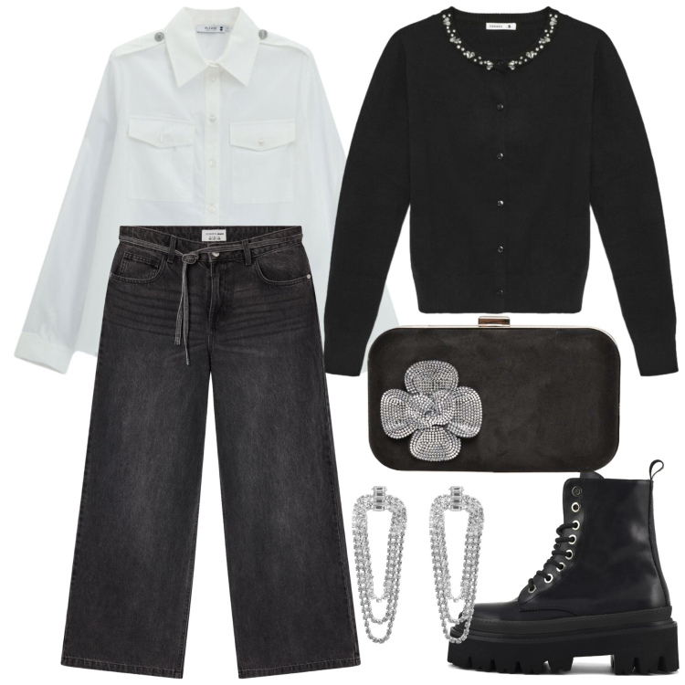 Outfit donna - Total look #2474440. Stile Casual chic per Tutti i giorni. Abbinamento con orecchini, jeans, cardigans, camicie, pochette, anfibi.