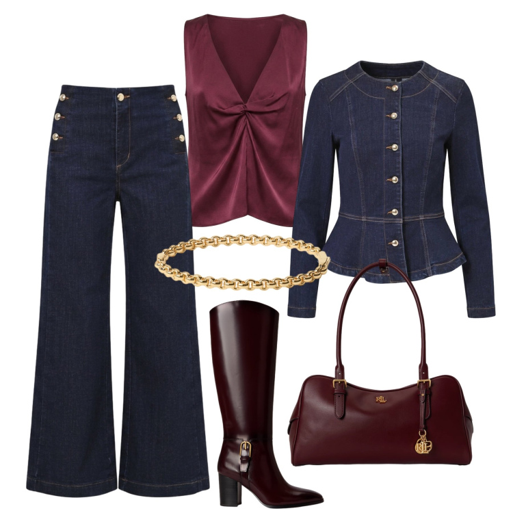 Outfit donna - Dark denim a cena. Stile Casual chic per Serata fuori. Abbinamento con jeans, blazer, top, borse a mano, stivali, braccialetti.