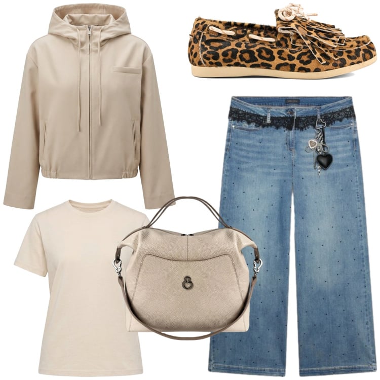 Outfit donna - Un tocco di animalier. Stile Urban per Tutti i giorni. Abbinamento con cappotti, t-shirt, jeans, borse a mano, mocassini.