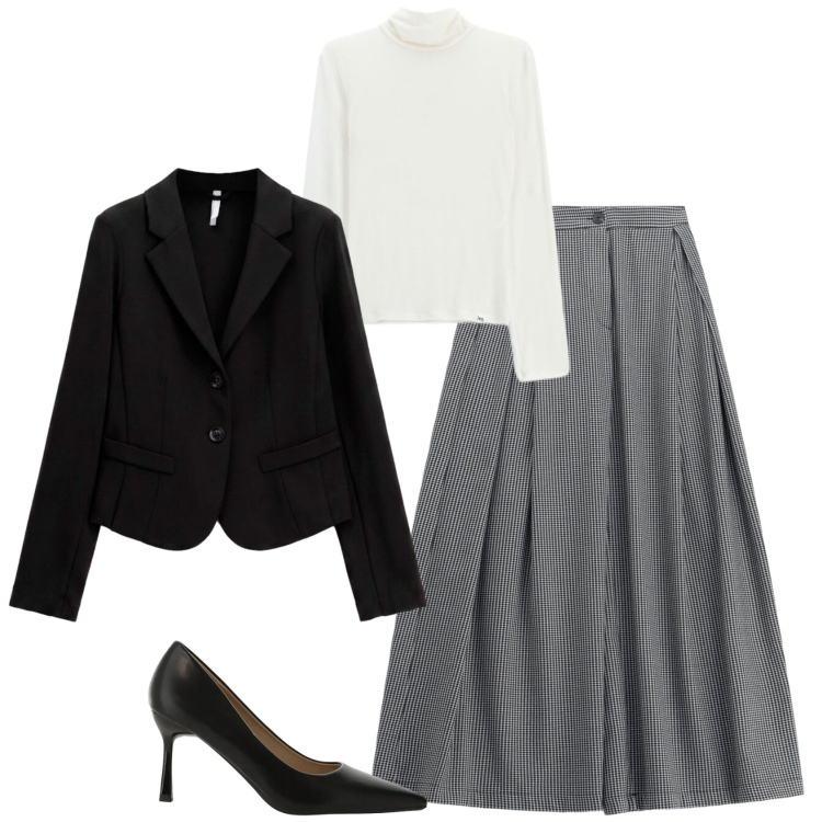 Outfit donna - Chic ufficio tempo libero. Stile Chic per Tutti i giorni. Abbinamento con pantaloni a palazzo, décolleté, blazer, t-shirt.
