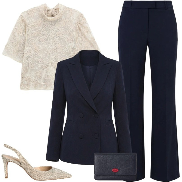 Outfit donna - Il top raffinato protagonista. Stile Chic per Serata fuori. Abbinamento con décolleté, portafogli, top, pantaloni, blazer.