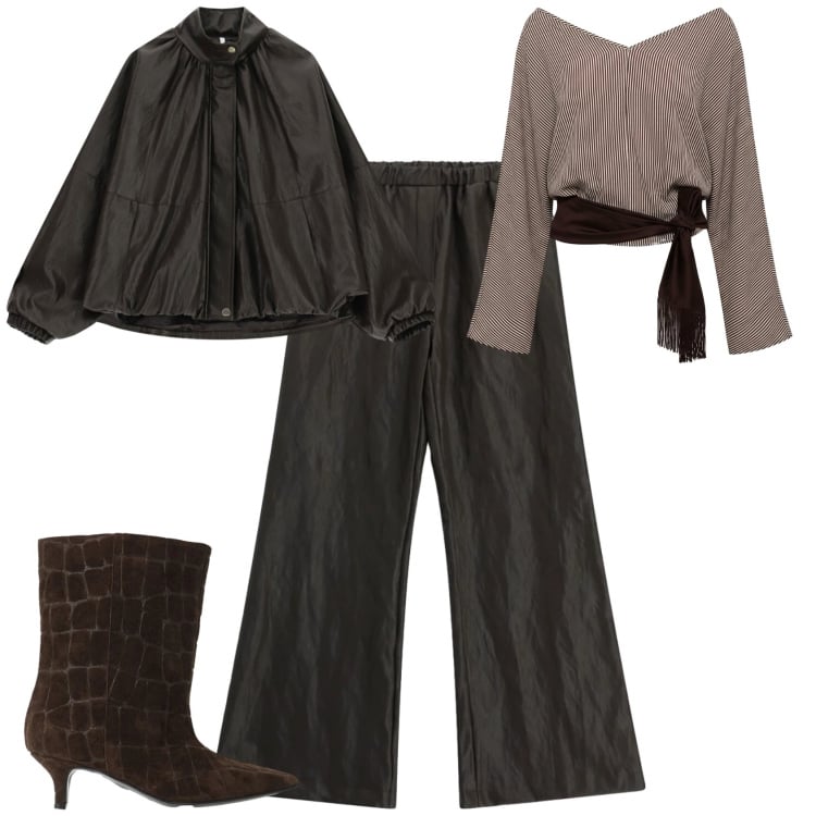 Outfit donna - Sporty chic ufficio tempo libero. Stile Sporty chic per Tutti i giorni. Abbinamento con top, stivali, giacche, pantaloni a palazzo.