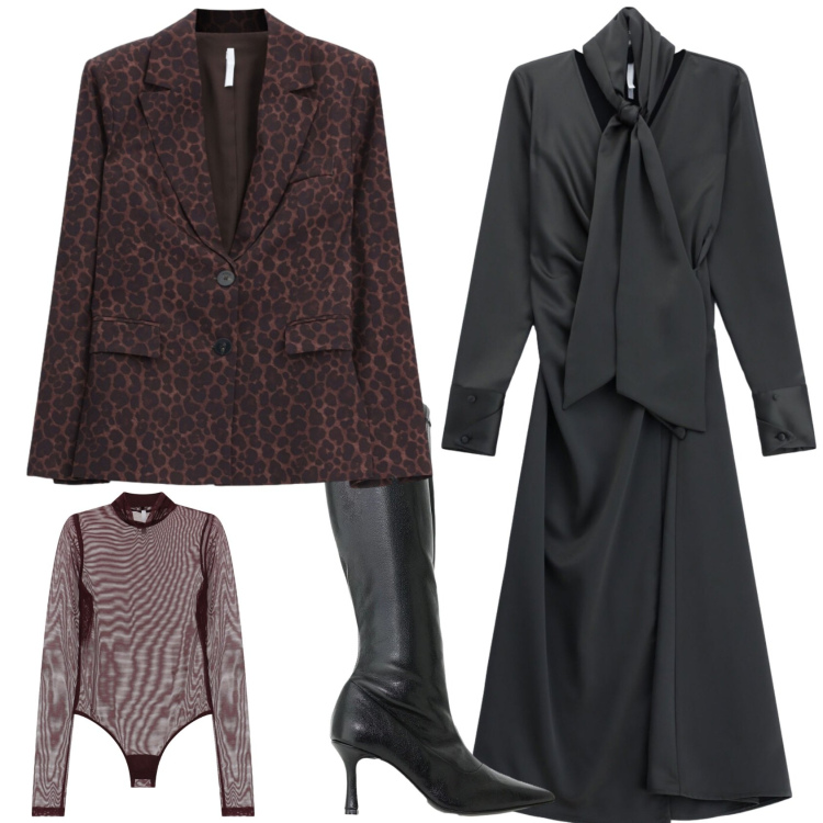 Outfit donna - Chic ufficio tempo libero. Stile Chic per Tutti i giorni. Abbinamento con vestiti lunghi, body, blazer, stivali.