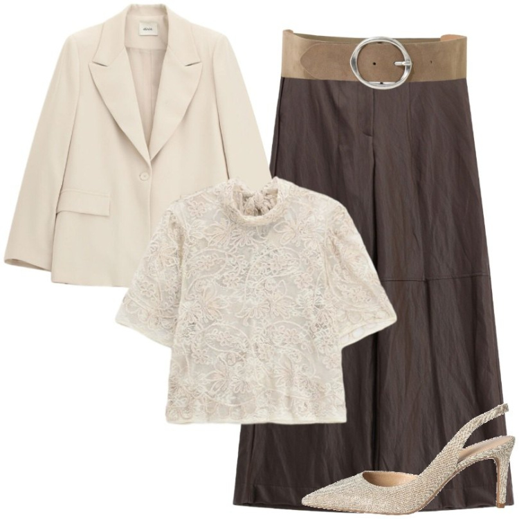 Outfit donna - Abbinamento sensuale ed elegante. Stile Chic per Serata fuori. Abbinamento con décolleté, top, pantaloni a palazzo, cinture, blazer.