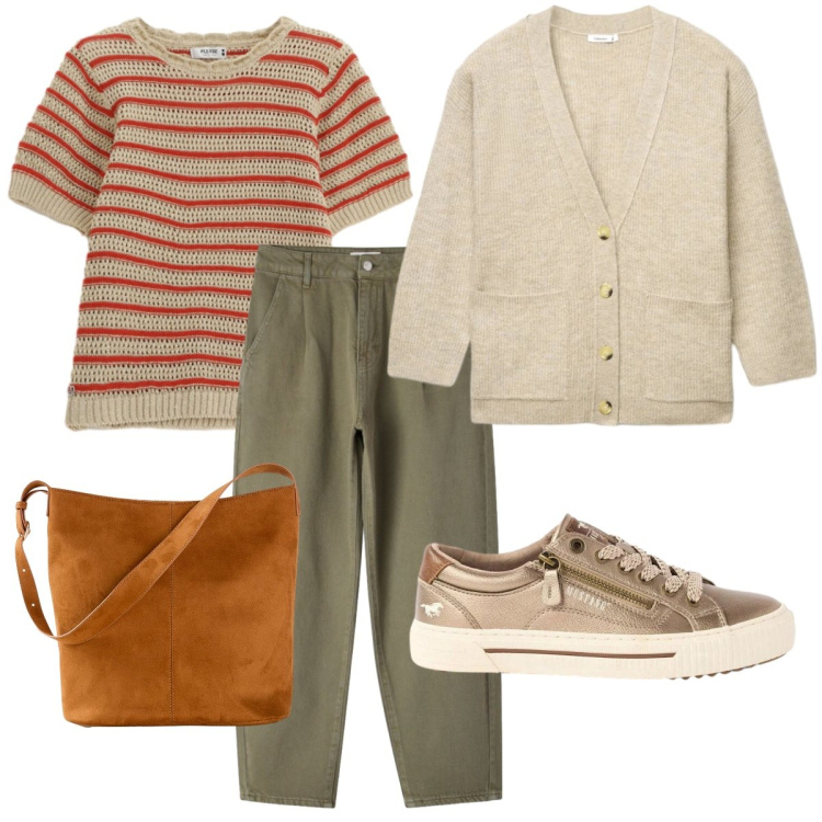 Outfit donna - Giro al lago. Stile Basic per Tutti i giorni. Abbinamento con borse a mano, sneakers, cardigans, pantaloni, t-shirt.