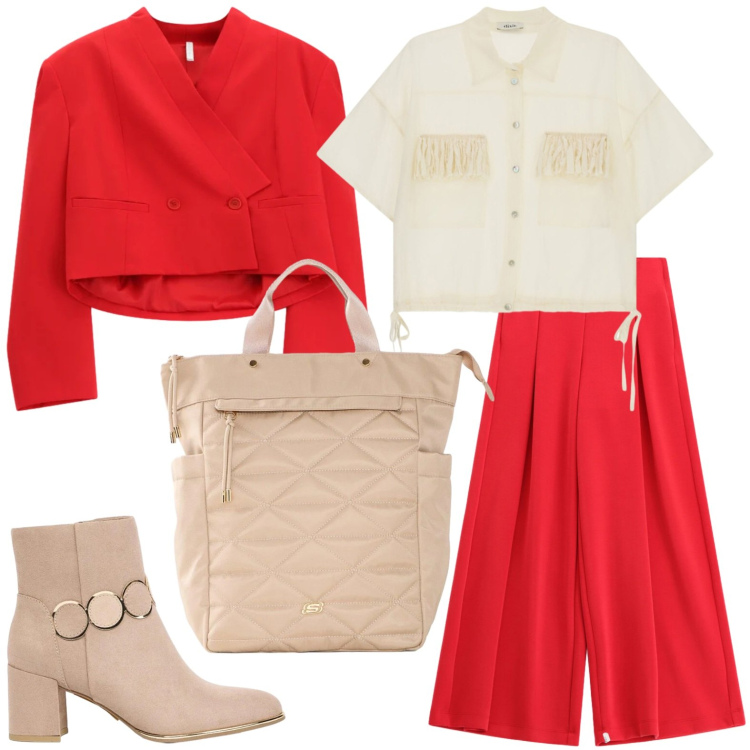 Outfit donna - Capi valorizzanti. Stile Casual per Tutti i giorni. Abbinamento con stivaletti, zaini, blazer, pantaloni a palazzo, camicie a manica corta.