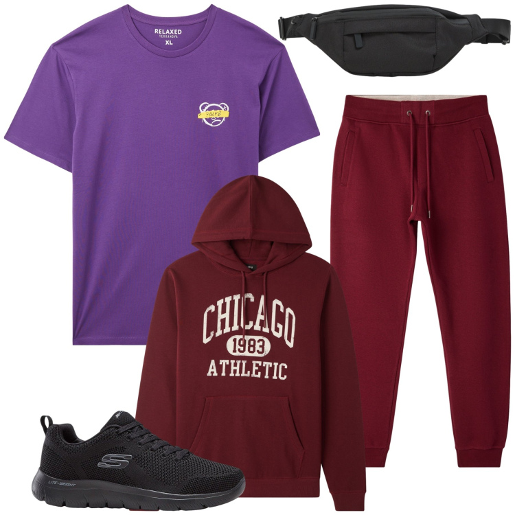 Outfit uomo - Total look #2474459. Stile Casual per Sport. Abbinamento con sneakers, t-shirt, pantaloni, felpe con cappuccio, borse sportive.