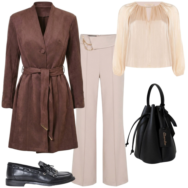 Outfit donna - Casual chic ufficio tempo libero. Stile Casual chic per Tutti i giorni. Abbinamento con bluse, pantaloni, mocassini, trench, borse a secchiello.