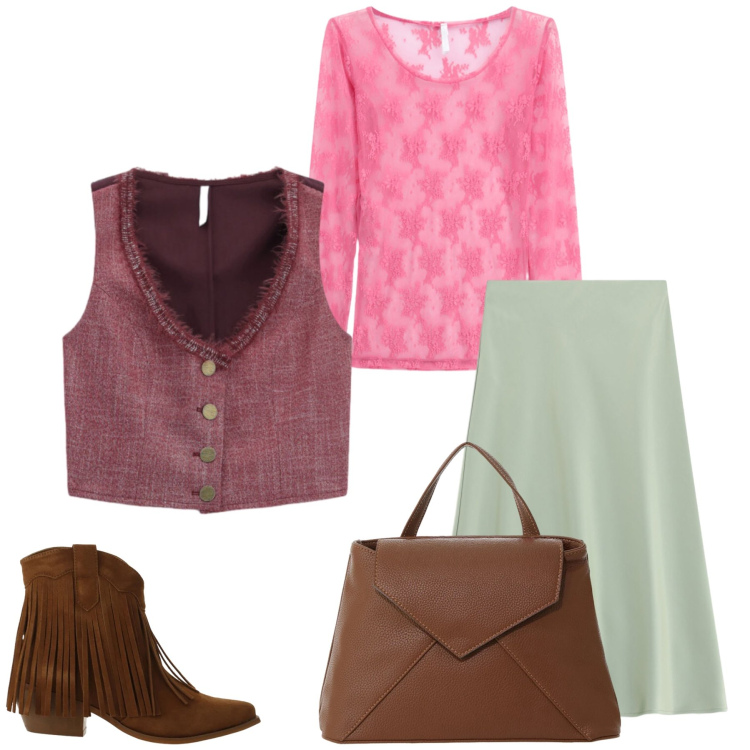 Outfit donna - Total look #2474461. Stile Casual per Tutti i giorni. Abbinamento con stivaletti texani, gonne longuette, gilet, t-shirt, borse a mano.