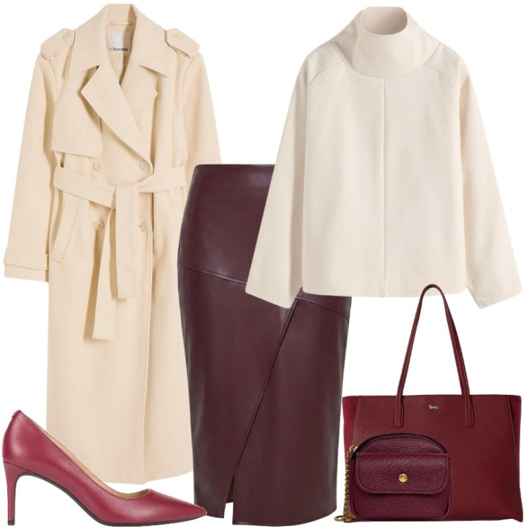 Outfit donna - Autunno bordeaux e beige. Stile Chic per Ufficio. Abbinamento con décolleté, maglieria, trench, shopping bag, gonne longuette, portachiavi.