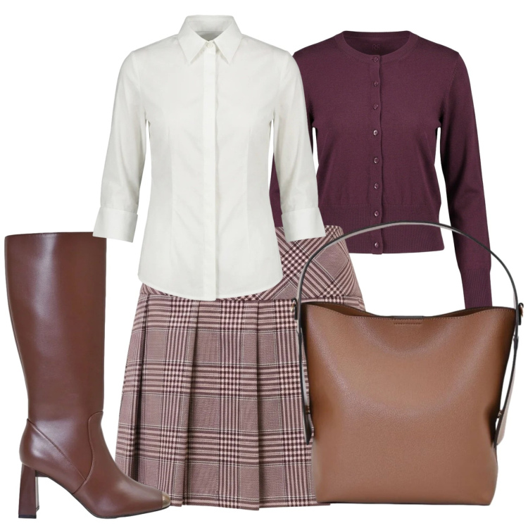 Outfit donna - Autunno bon ton. per Serata fuori. Abbinamento con minigonne, camicie, borse a mano, stivali sopra il ginocchio, cardigans.