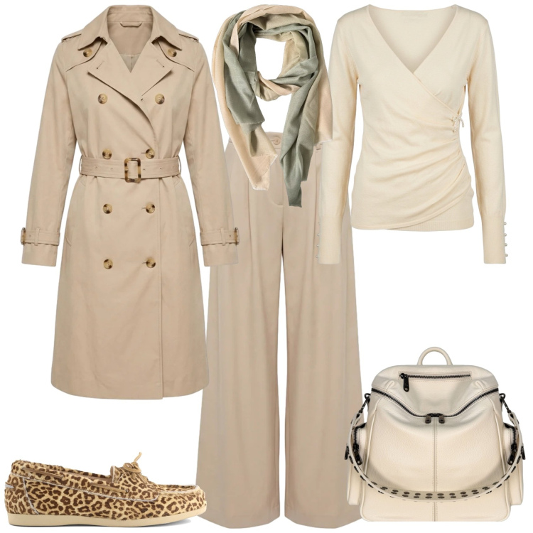 Outfit donna - Casual chic ufficio tempo libero. Stile Casual chic per Tutti i giorni. Abbinamento con pantaloni, zaini, foulard, trench, t-shirt, mocassini.