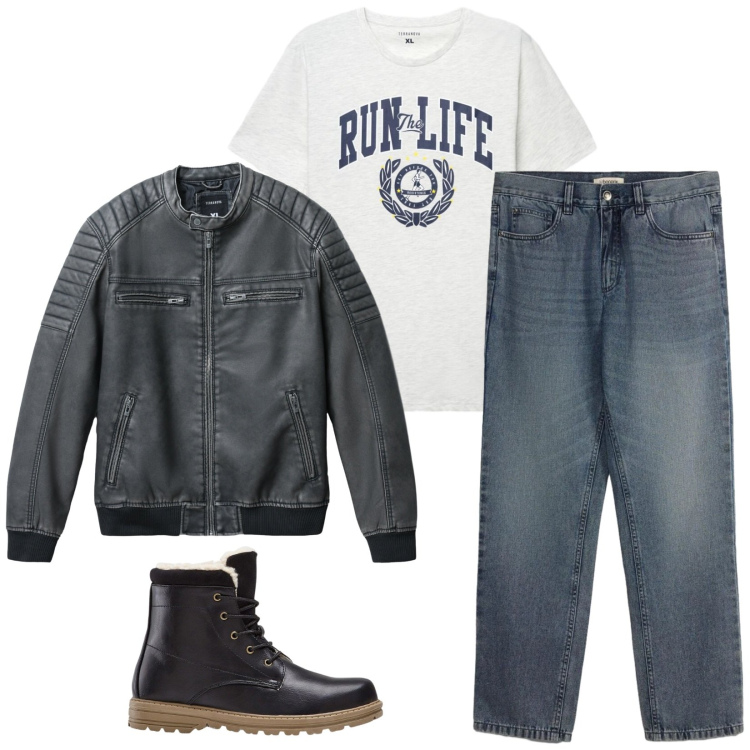 Outfit uomo - Total look #2474490. Stile Urban per Tutti i giorni. Abbinamento con stivali e stivaletti, jeans dritti, giacche, t-shirt.